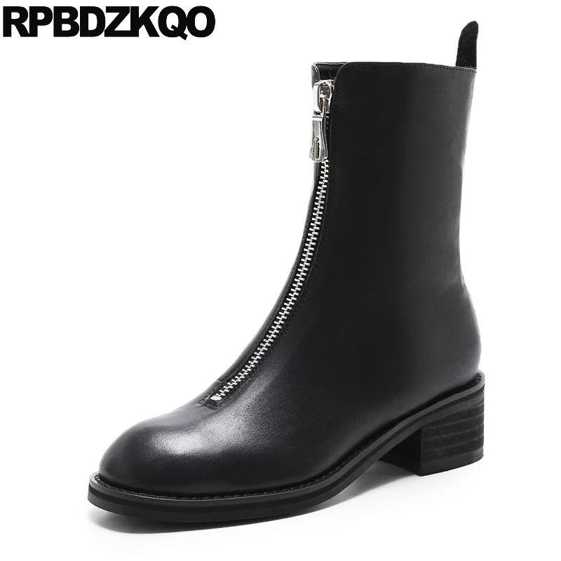 

Autumn Chunky Round Toe Black Winter Luxury Zipper Big Size 10 Shoes Ankle Short Genuine Leather 2021 Women Boots Medium Heel