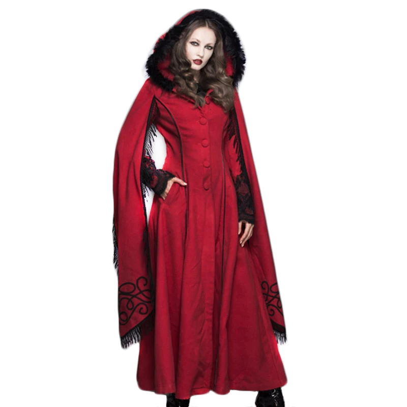 

Steampunk Winter Hooded Coat Female Gothic Women Long Wool Cloak Trumpet Sleeves Tassel Cape Windproof Coats For Women