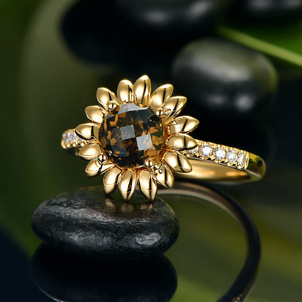 14kt желтое золото 0.99ct круглая огранка дымчатый топаз и 0.13ct H SI бриллиантовое обручальное кольцо