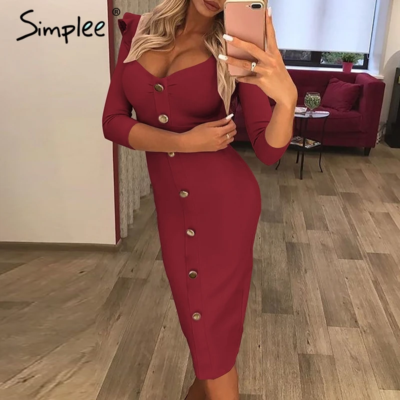 Женское платье с треугольным вырезом Simplee весеннее облегающее на кнопках длинным