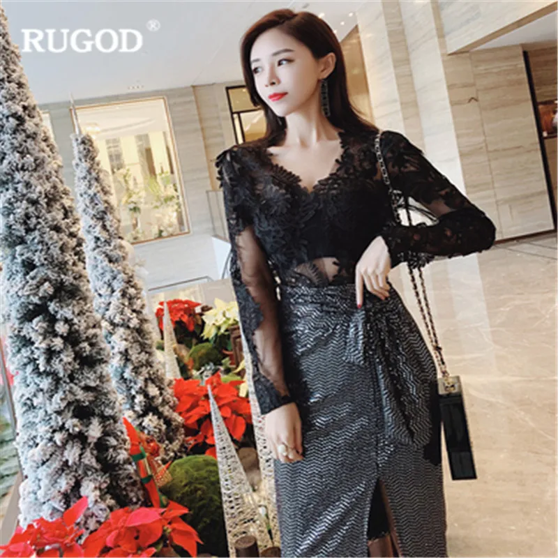 RUGOD Сексуальная элегантная кружевная блузка и юбка с блестками Женский комплект