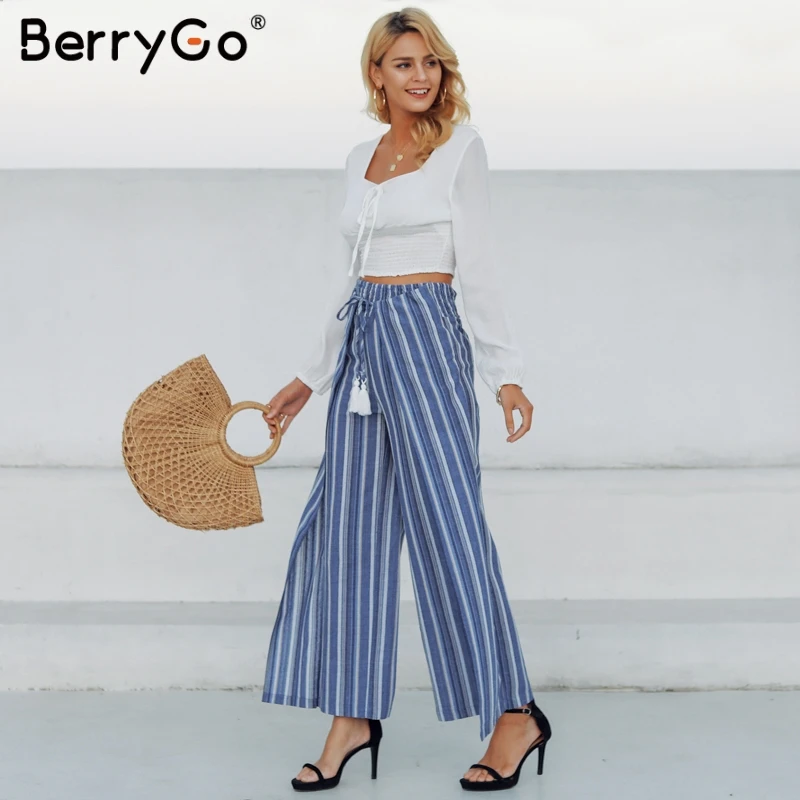BerryGo полосатые женские длинные штаны, повседневные Капри, свободные широкие штаны с поясом и кисточками, плиссированные льняные брюки, женские брюки в стиле бохо