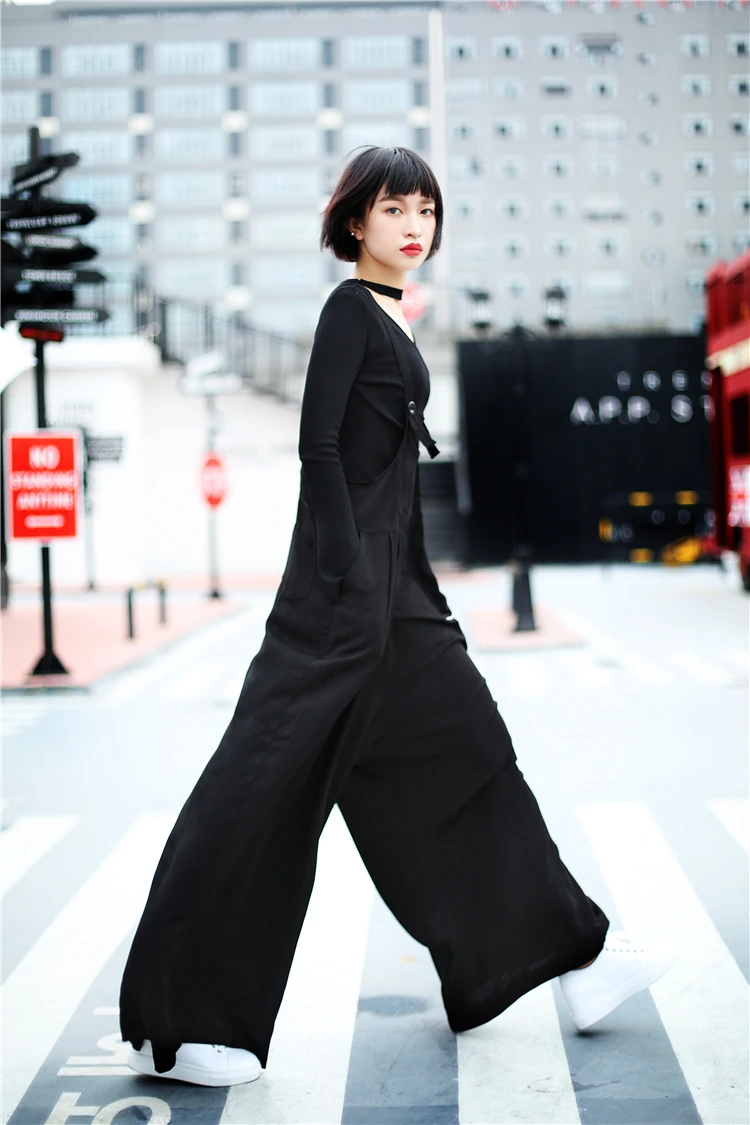 Женский комбинезон с широкими штанинами Cakucool однотонный черный повседневный