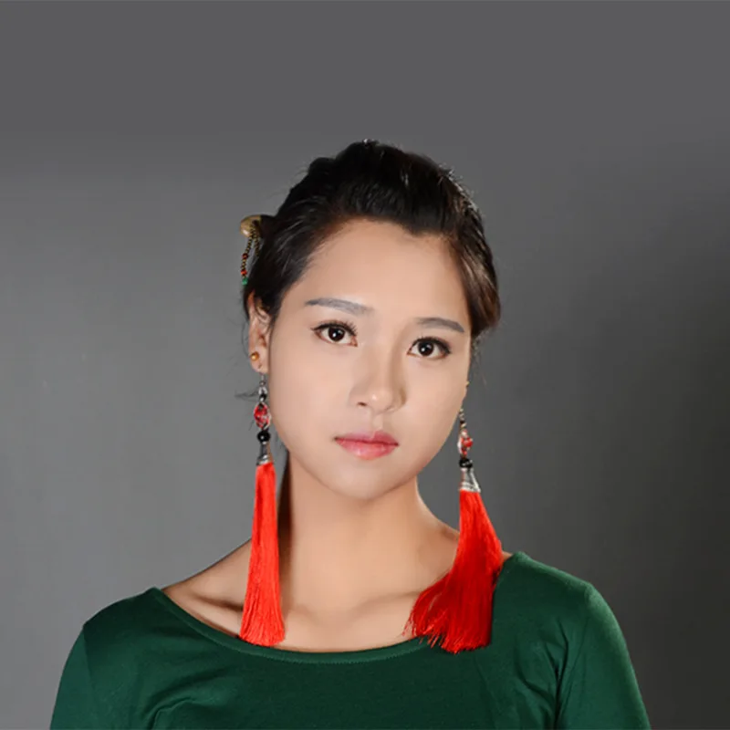 Преувеличенные женские этнические Винтажные серьги длинные с бахромой красные