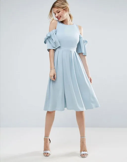 2017 женское платье трапециевидной формы с открытыми плечами и бантом светло