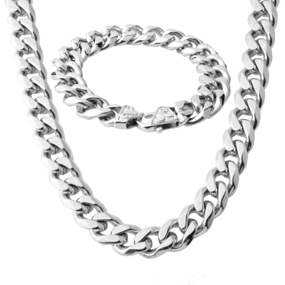 

Fashion Gift 13/15mm Wide Mens Chain Necklace Curb Cuban Link Silver Color Stainless Steel Necklace Bracelet Jewelry Set
