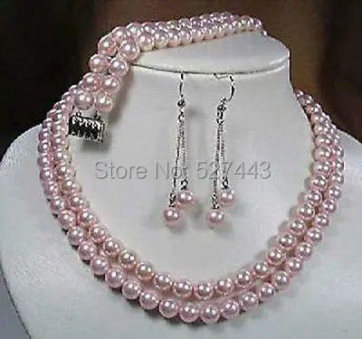 

Wholesale hot sale >2Rows 8mm Pink South Sea Shell Pearl Necklace bracelet Earrings Set AAA