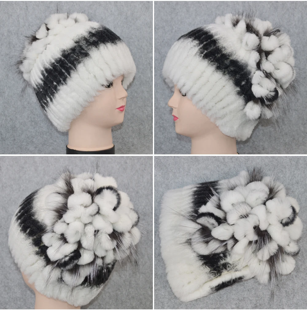 Новые женские шапки Настоящий мех кролика Skullies, роскошные эластичные вязаные цветочные шапки из натурального меха кролика Рекс, зимние шапки из натурального меха
