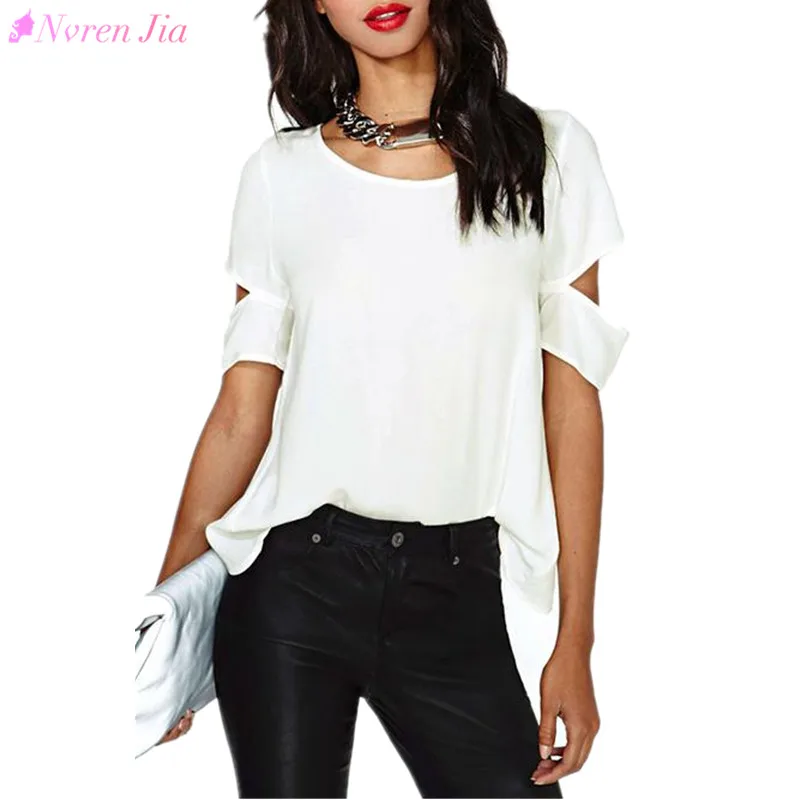 2018 Women Fashion Chiffon Sexy Blouse Wrap Back Cutout Short Sleeves O-Neck Casual Summer Tops White New Shirts |
