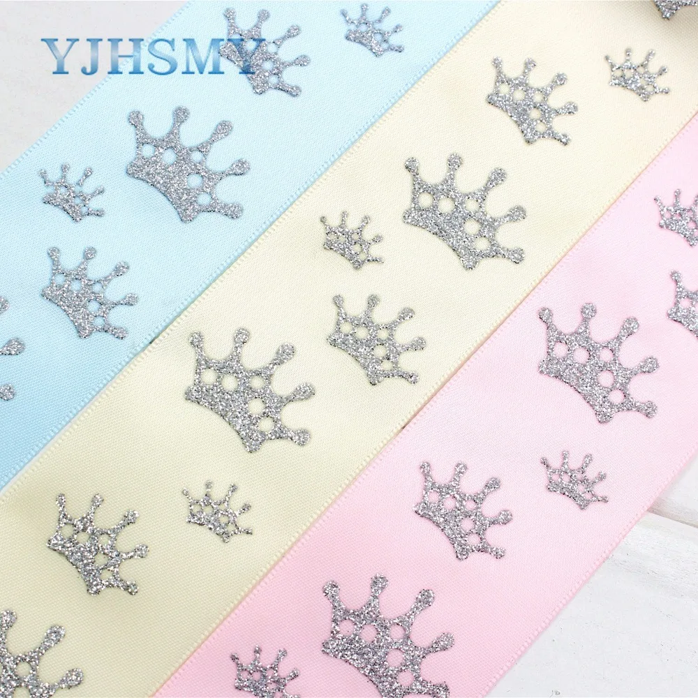 

YJHSMY 174123,38mm Hot silver crown Printed grosgrain ribbon,DIY handmade,Wedding decoration,Valentine's Day essential