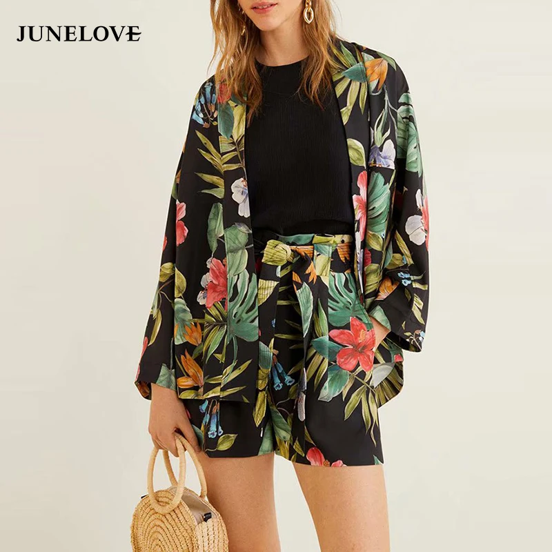 JuneLove женский цветочный принт Boho блейзеры женские костюмы праздничные повседневные пояса свободные женские наборы верхняя одежда Винтажные эластичные шорты
