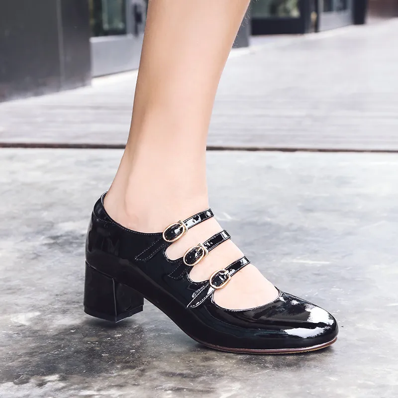 YMECHIC 2019 Ретро черный блочный каблук обувь женские лакированная телячья кожа Мэри