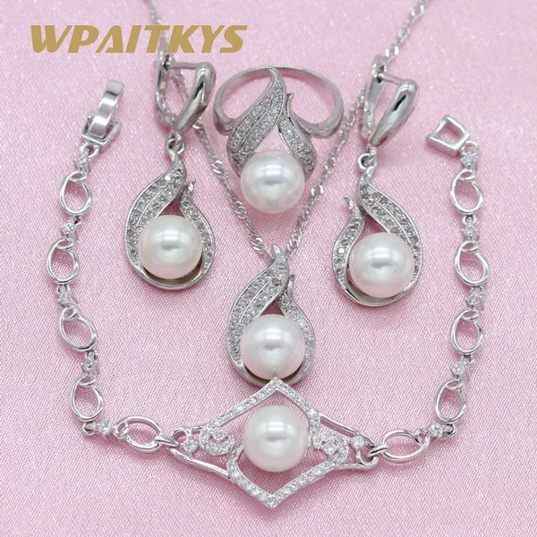 4JPS 01 Изысканные Белые Бусины в виде ракушек 925 Серебряные Ювелирные наборы для женщин обручальное ожерелье серьги кольцо браслет подарочная коробка WPAITKYS - Окраска металла: 4JPS 01