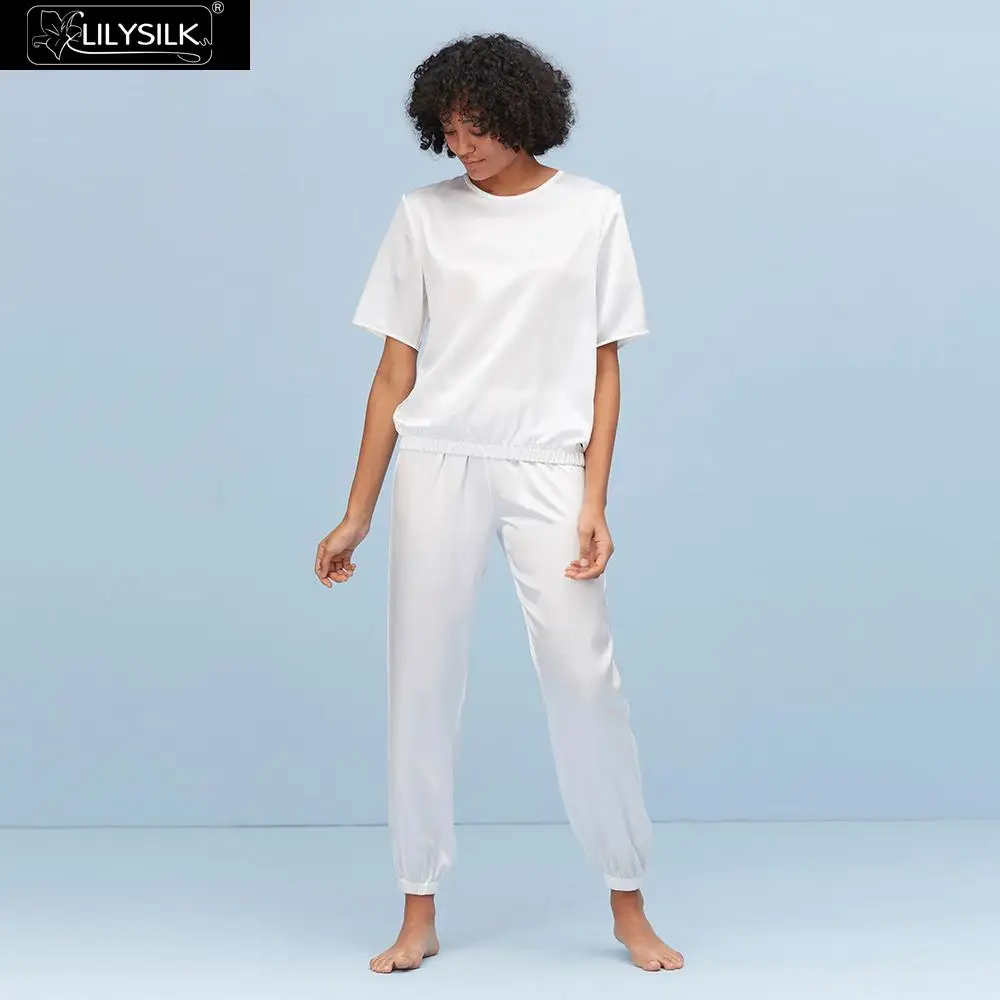 White LilySilk шелковые пижамы набор 22 Momme с коротким рукавом Роскошные пижамы новые женские - Цвет: White