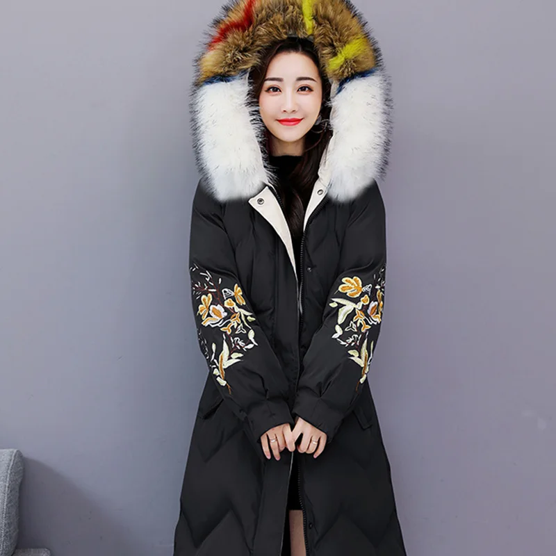 FMFSSOM Зимняя парка с меховым воротником хлопковое пальто вышивкой Повседневная