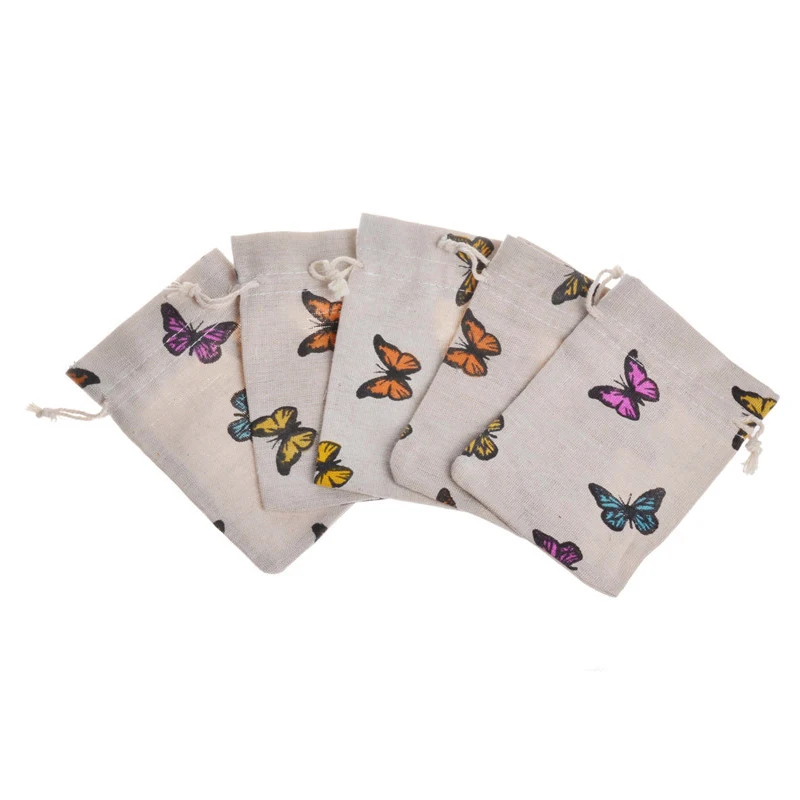 

50pcs 10*14cm White cartoon butterfly Burlap Hessia Gift Candy Bags Wedding Party Favor Candy Gift Pouch Jute Gift Bag