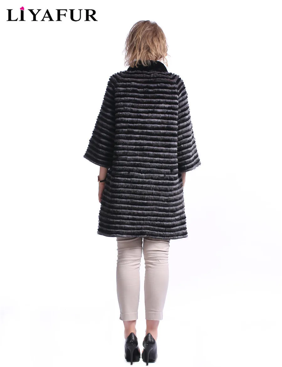 LIYAFUR New Style Real Genuine Mink Fur With Rex Rabbit Stripped Long Coat For Women Natural Cardigan Lining Outerwear|mink fur|genuine minkreal mink