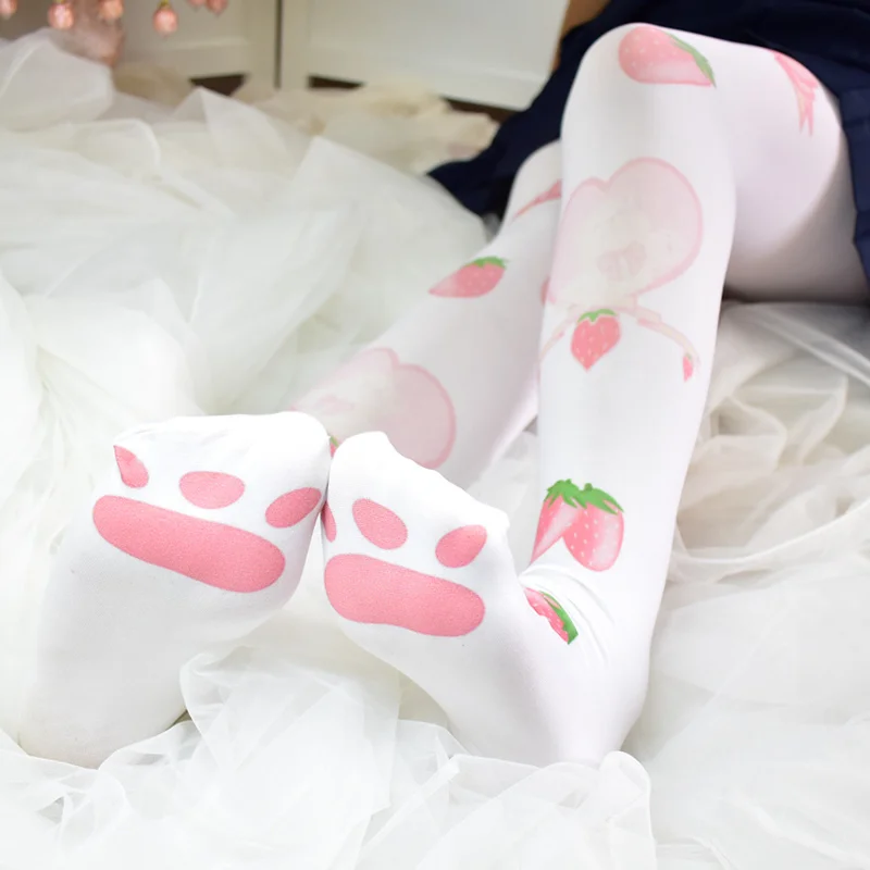 Сладкая Лолита колготки женские белые колготки Kawaii клубника печатные осенне-зимние Чулки Бархатные Теплые Аниме Косплей Колготки