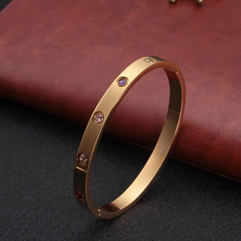 

Screw Bracelets Colorful Crystal Stainless Steel Open Cuff Bracelets & Bangles Gold Color Women Men Lover Jewelry Gift