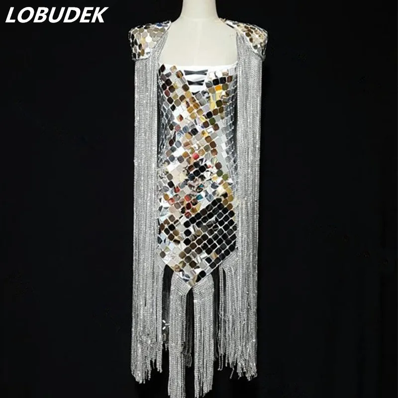 

Luxurious Women Stage Wear Silver Long Tassels Mirrors Dress Nightclub Female Singer Performance Costume Host Dress Hand Sewing