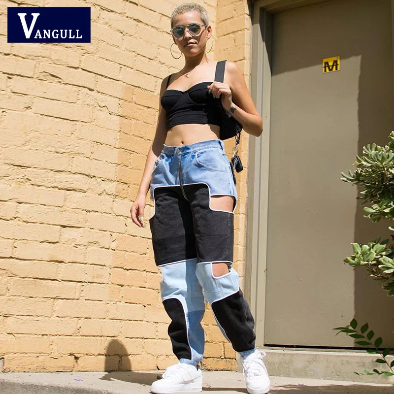 Vangull Harajuku Hip Hop Cargo Pants Women Hollow Out High Waist Trousers Streetwear Patchwork Sweatpants Ladies Joggers 2019 | Женская