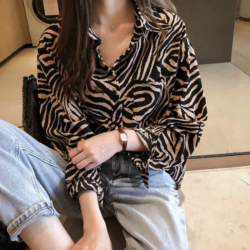 

Women Fashion Retro Striped Blouse Botton Long Sleeve Shirts All-match Casual Loose Concise Blouses