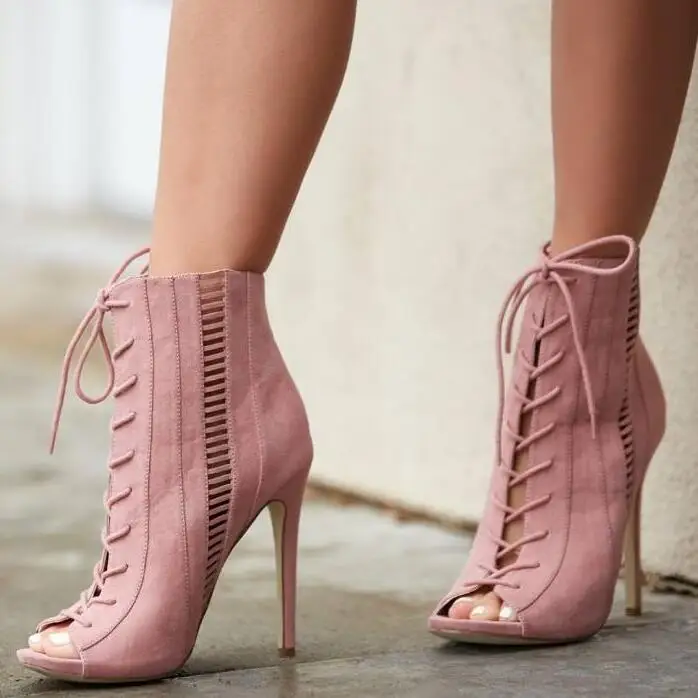 

Fashion Pink Black Socks Ankle Boots Peep Toe Lace-up Gladiator Sandals Shoes Boots Women Hollow High Stiletto Heel Short Bootie