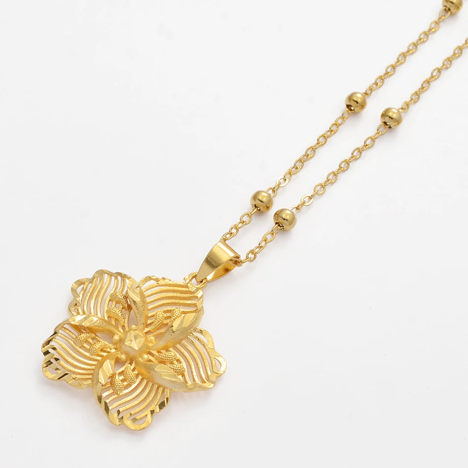 Anniyo Gold Color Flower Pendant Ball Beads Necklaces for Women Girls Flowers Jewelry Birthday Gifts #001236 | Украшения и