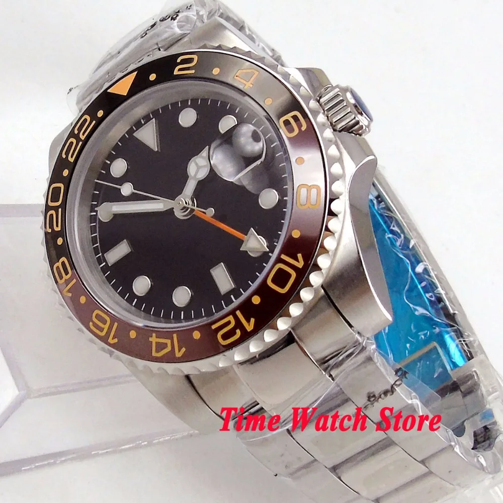 Bliger 40 мм GMT 3804 черный циферблат Автоматические наручные часы Мужские сапфировое