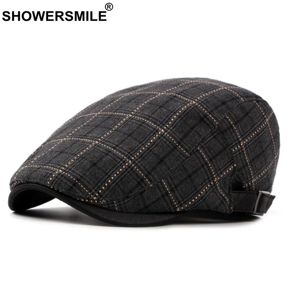 Black Berets SHOWERSMILE классический береты для мужчин клетчатая хлопковая Регулируемая плоская кепка мужской Клетчатый английский стиль лето осень плюща утконоса шляпа - Цвет: Black Berets