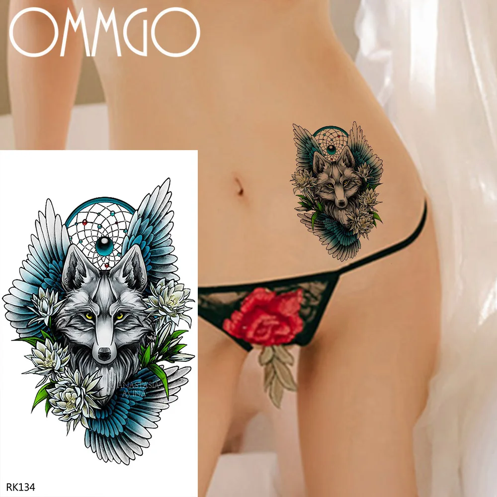 

Переводные татуировки OMMGO, голубая лиса, временные татуировки для женский боди-арт, хна, бумага для тату паста, водостойкие цветы, имитация т...