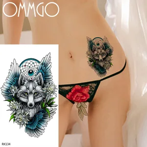 Переводные татуировки OMMGO, голубая лиса, временные татуировки для женский боди-арт, хна, бумага для тату паста, водостойкие цветы, имитация татуировки, ситкер