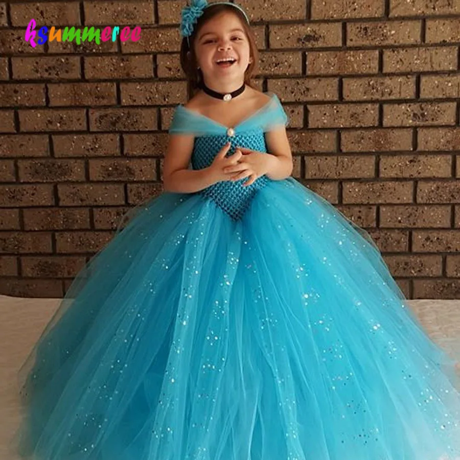 Girls Blue Glitter Princess Tutu Dress Elsa Inspired Kids Rhinestone Wedding TUTU Ball Gown Children Prom Birthday Party | Детская