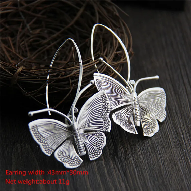 Earrings Тайский серебряный классические ювелирные комплекты кольца с бабочкой Экстра широкая нарукавная нашивка браслеты этнический стиль 925 стерлингового серебра серьги для женщин - Окраска металла: Earrings