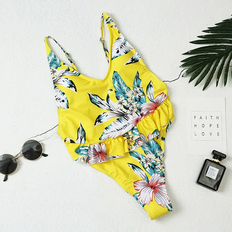 New Women Swimwear One Piece Swimsuit Retro White Yellow Print Ruffle Push Up Bathing Suit Female Sexy Beachwear Bodysuit | Спорт и