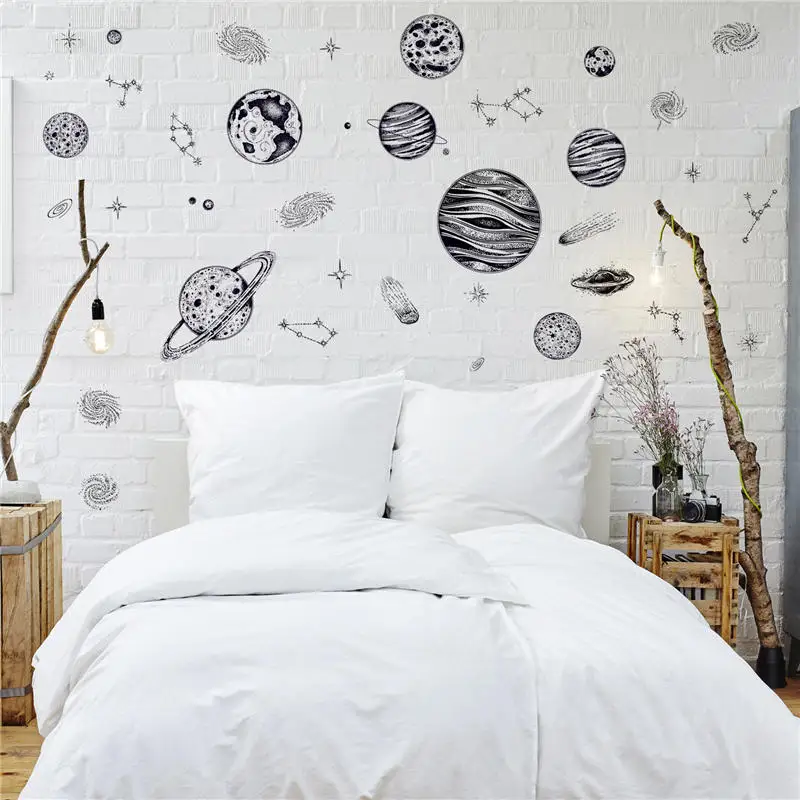 Cartoon Black Sketch Space Planet Wall Sticker Removable Self-adhesive Wallpaper Mural Decal Stars Kids Room Bedroom Decoration | Дом и сад