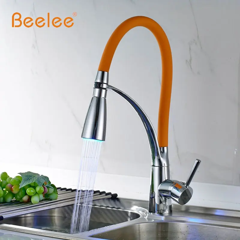 Beelee кухонный кран выдвижной хромированный оранжевый цвет 360 градусов