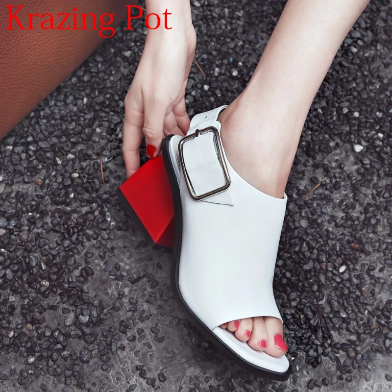

2022 Superstar Genuine Leather Peep Toe Ankle Strap Square Heel Women Sandals High Heels Slingback Mixed Colors Summer Shoes L50