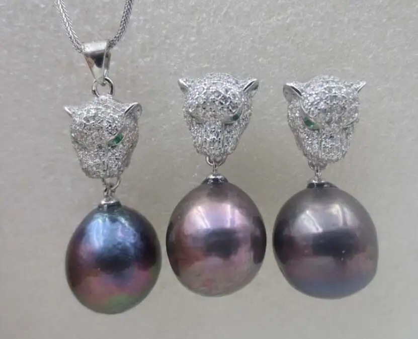 Free shipping Hot sell Noble- SHIPPING>>>@@ leopard head eyes 14mm AAA black Kasumi pearl necklace earrings | Украшения и