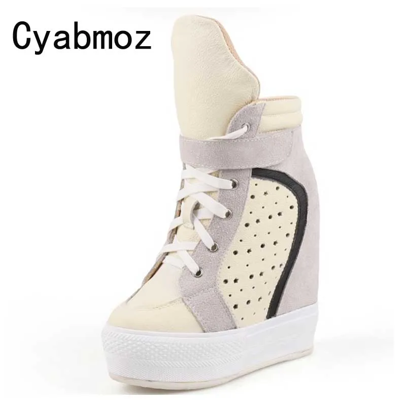 Women Sneakers Casual Platform Trainers Genuine Leather Shoes 14CM Heels Autumn Wedges Breathable Woman Height Increasing | Обувь
