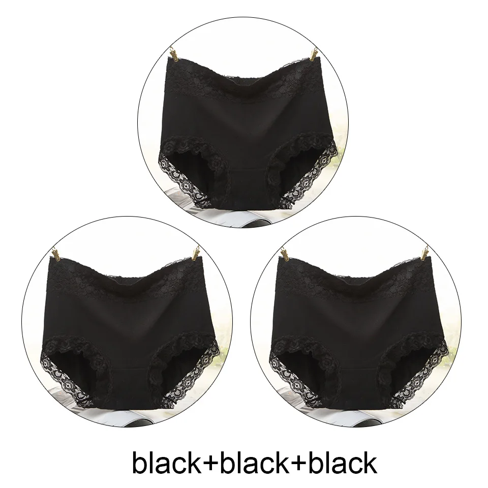 black black black 3 шт., Трусики с высокой талией, хлопковое нижнее белье для женщин, однотонные бесшовные трусы, кружевные сексуальные трусики, женское нижнее белье для зимы, новинка - Цвет: black black black