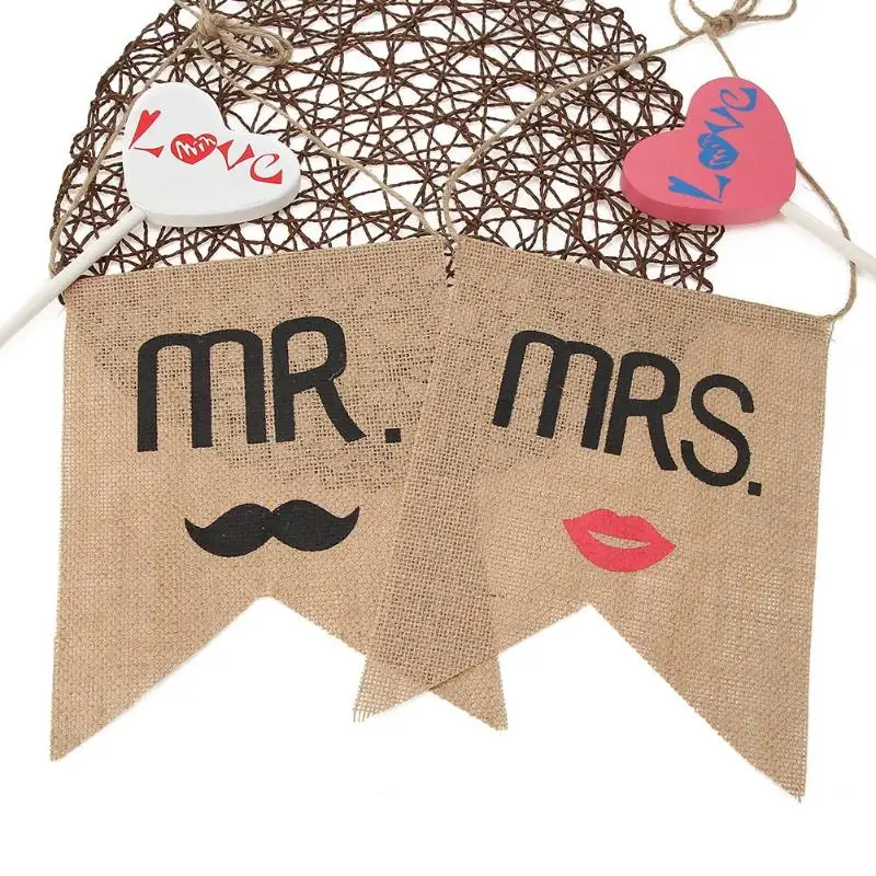 Mr. Mrs стул с джутовым баннером набор жениха невесты знак деревенское свадебное