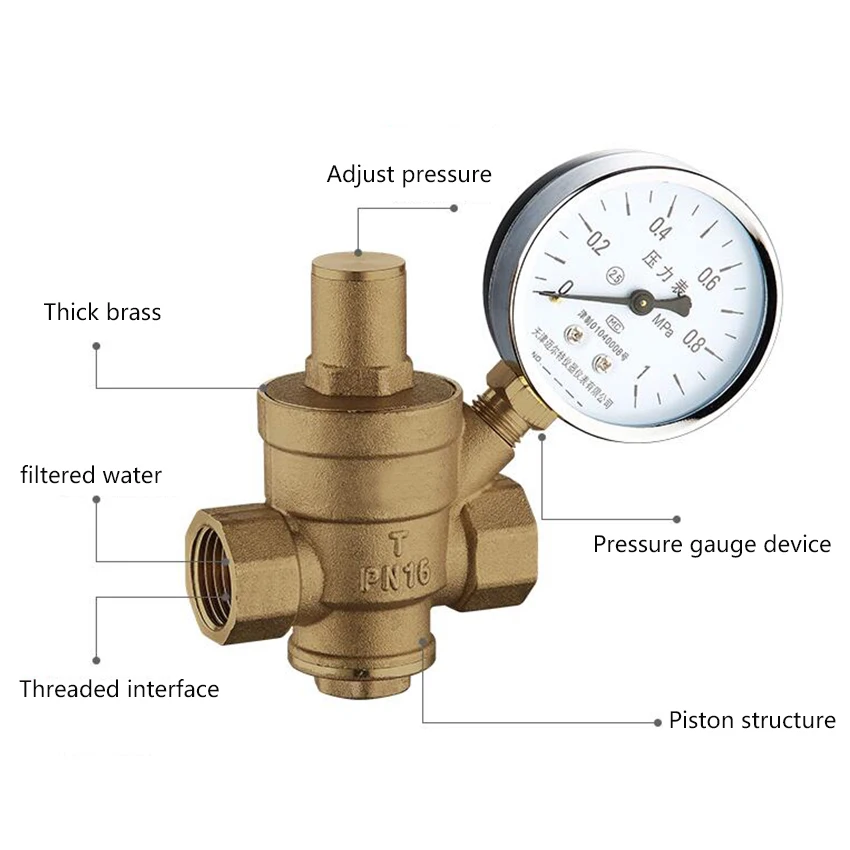 

DN15 Adjustable Brass Water Pressure Reducing Regulator Valve Internal and outer thread PN 1.6 and Pressure Gauge