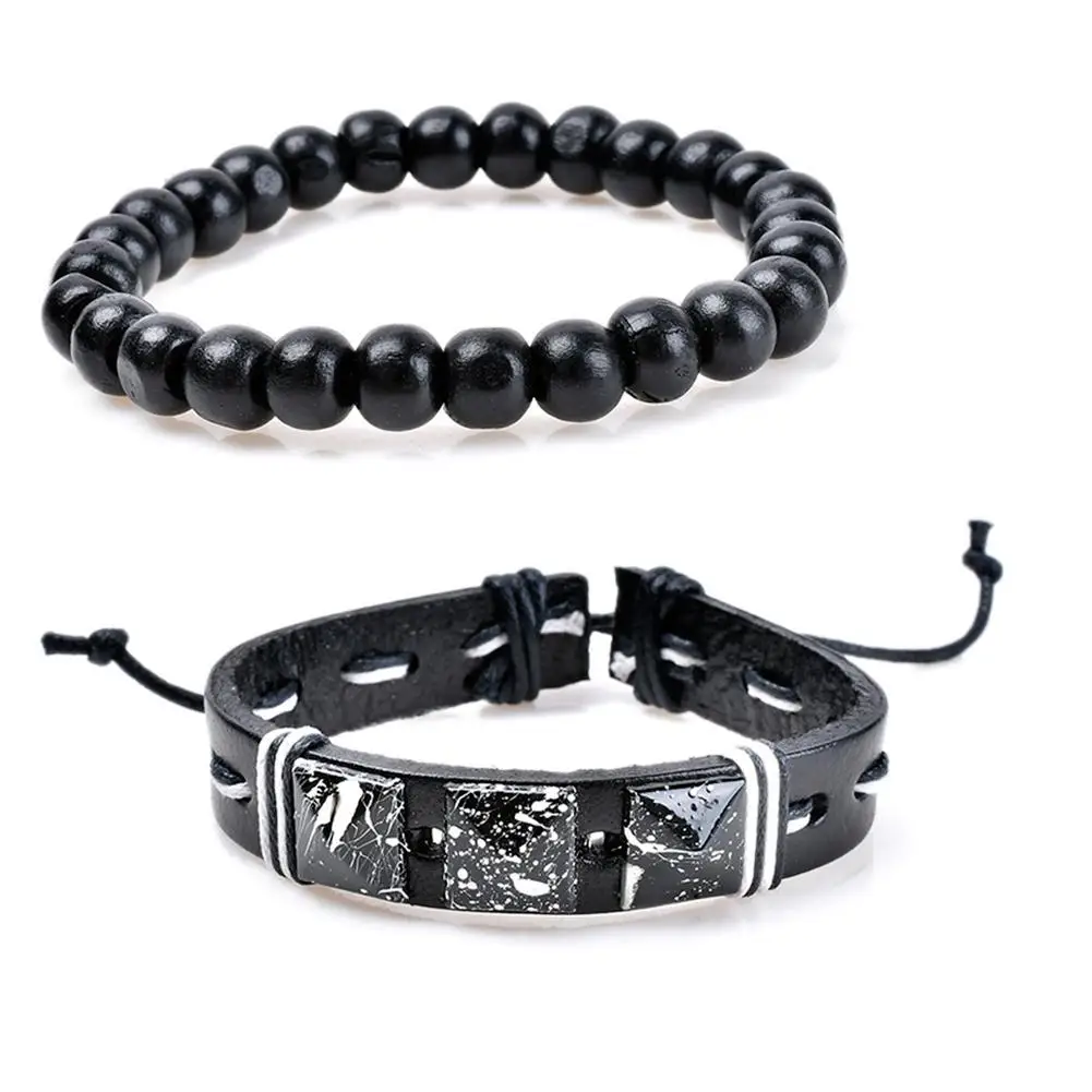3 Pcs/set Wrap Leather Design Multi Layer Braided Bracelets Bangle Jewelry Women Men Bracelet Black Chains | Украшения и