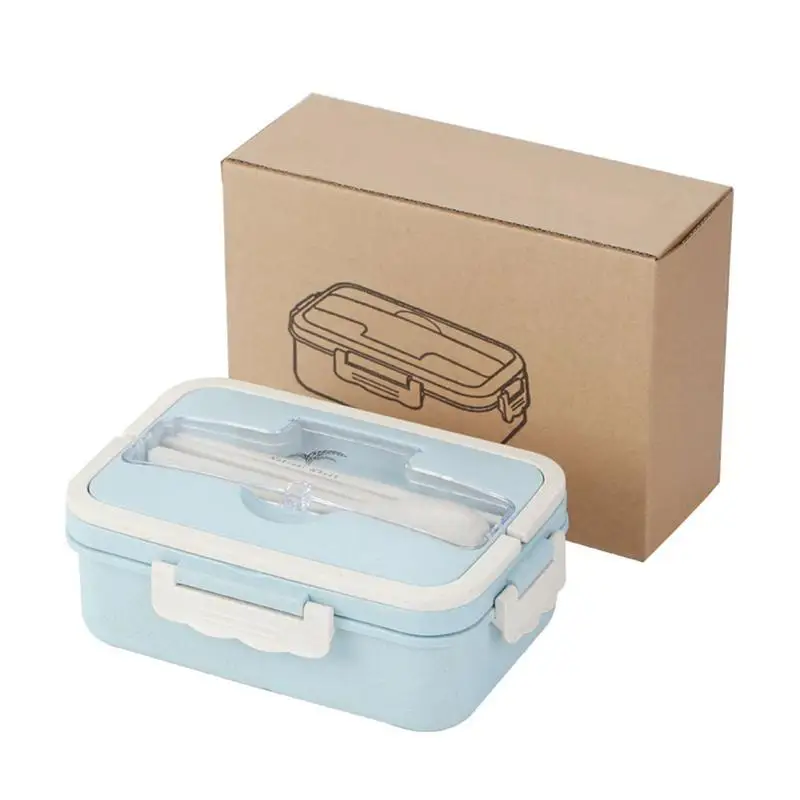 Здоровый материал Ланч-бокс Пшеничная солома Bento коробки герметичная посуда контейнер для хранения еды Ланчбокс с ложкой - Цвет: Blue