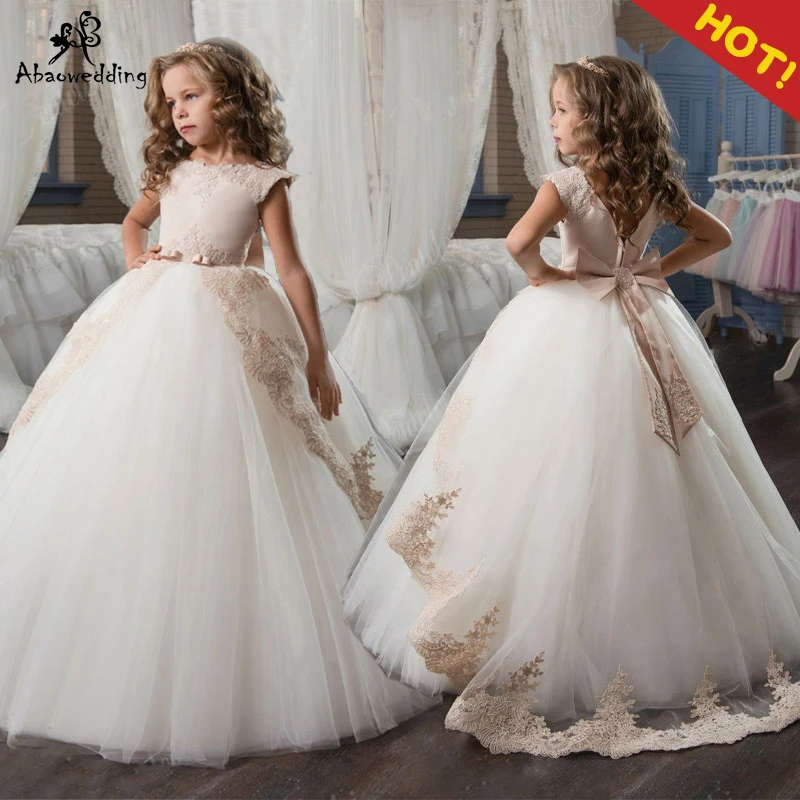 Champagne Flower Girl Dresses with Sash Lace Appliques Custom Made Ball Gown First Communion Dresses for Girls Elegant Hot Sale
