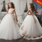 Платье цвета шампанского с цветами для девочек, с поясом, кружевной аппликацией, на заказ, бальное платье, платья для первого причастия для девочек, элегантные, Лидер продаж