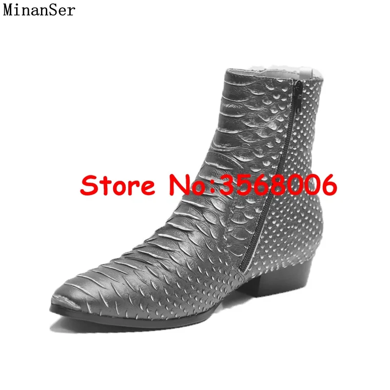Мужские кожаные ботинки челси из змеиной кожи с острым носком на молнии высоким