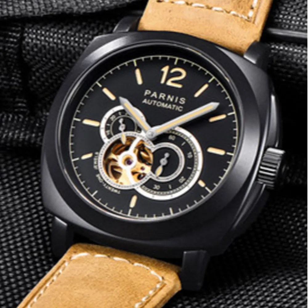 Black PVD coated Роскошные PARNIS Супер Светящиеся знаки Топ бренд мужские наручные часы с сапфирами Стекло Мода Miyota автоматические часы мужские часы - Цвет: Black PVD coated