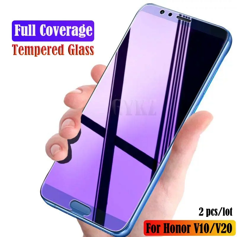 2 шт./лот полноэкранное закаленное стекло для HUAWEI Honor V10 V20 анти Blu Ray полное